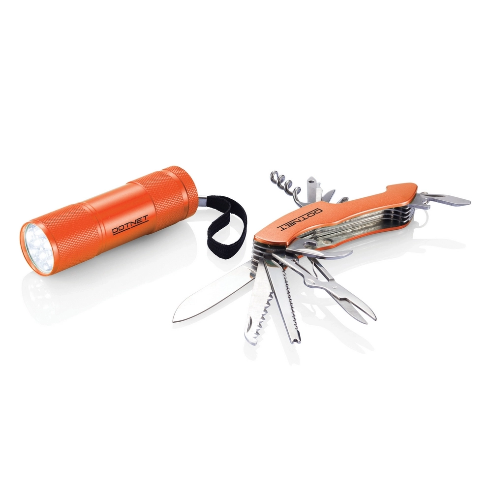 Zestaw narzędzi Quattro, scyzoryk i latarka P221-198 pomarańczowy