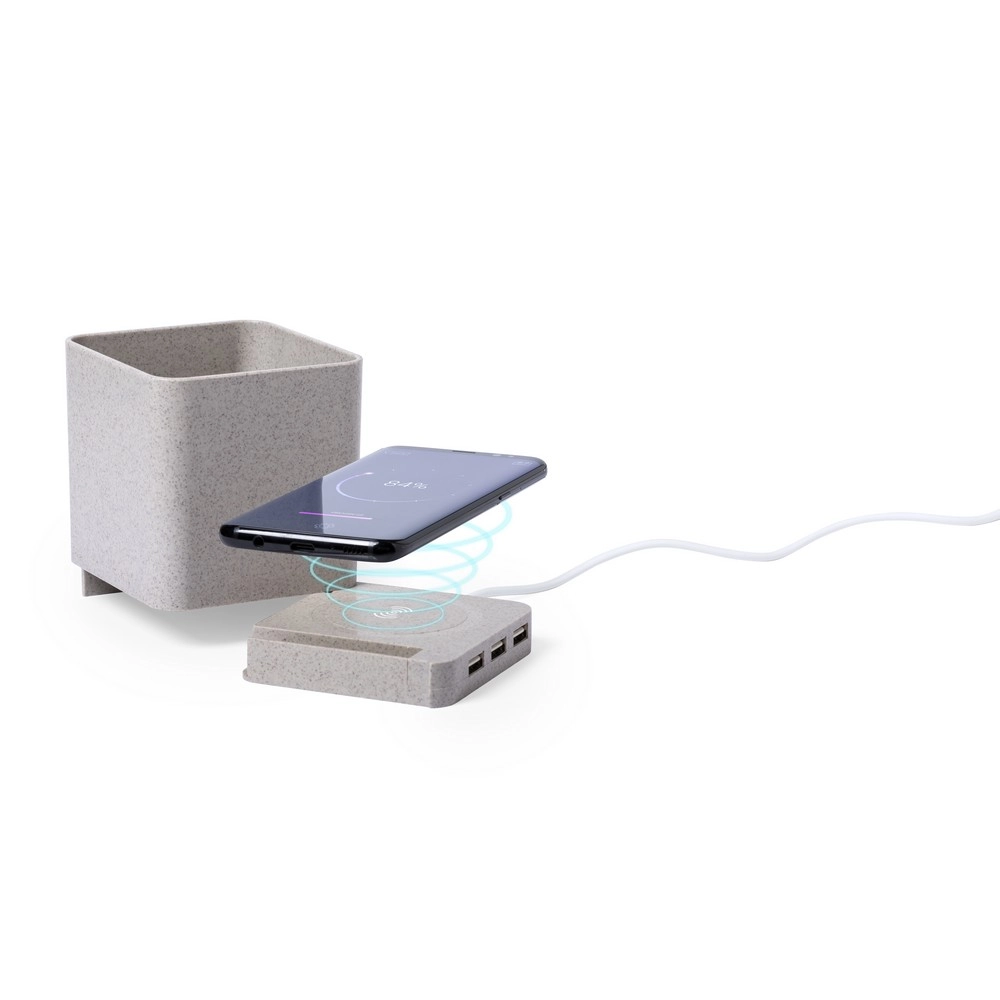 Ładowarka bezprzewodowa 5W ze słomy pszenicznej, hub USB 2.0, pojemnik na przybory do pisania, stojak na telefon V0116-00