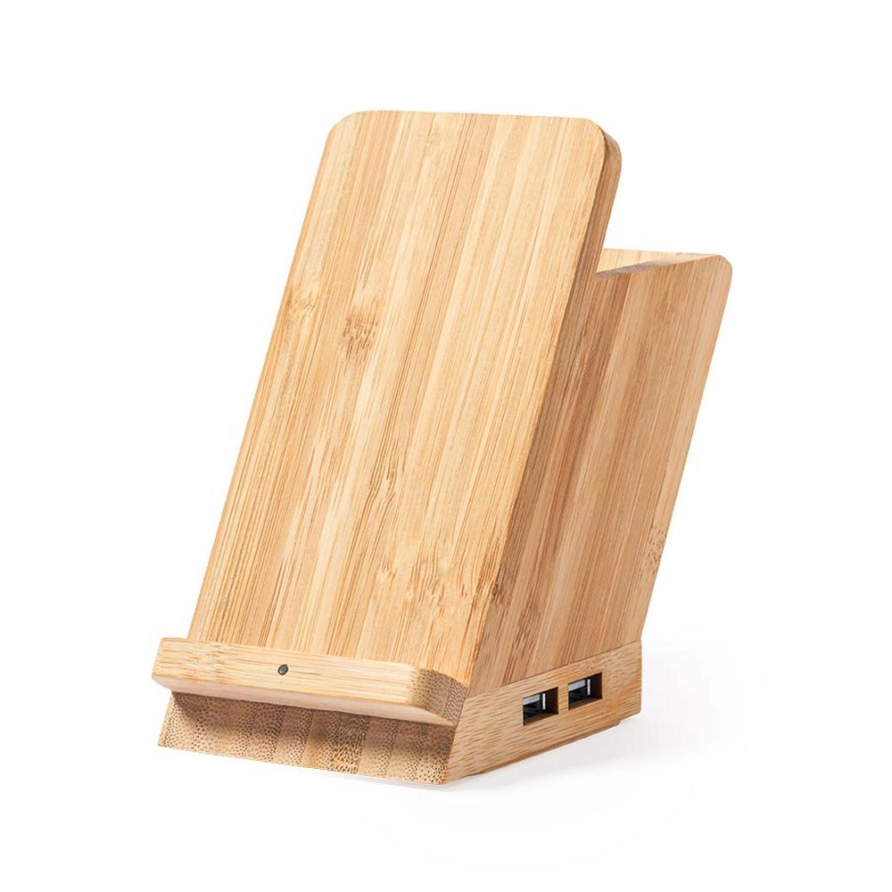 Bambusowa ładowarka bezprzewodowa 5W, 4 porty hub USB 2.0, pojemnik na przybory do pisania, stojak na telefon V0198-18