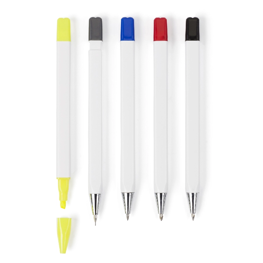 Zestaw piśmienny, ołówek, zakreślacz i długopisy z wkładem w kolorze nakrętki V1314-02 biały