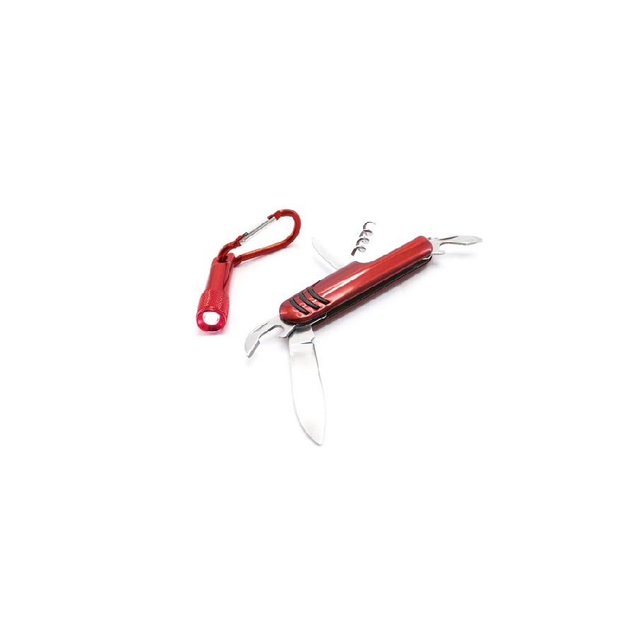Zestaw narzędzi, narzędzie wielofunkcyjne, scyzoryk (7 el.), latarka 1 LED z karabińczykiem V7710-05 czerwony