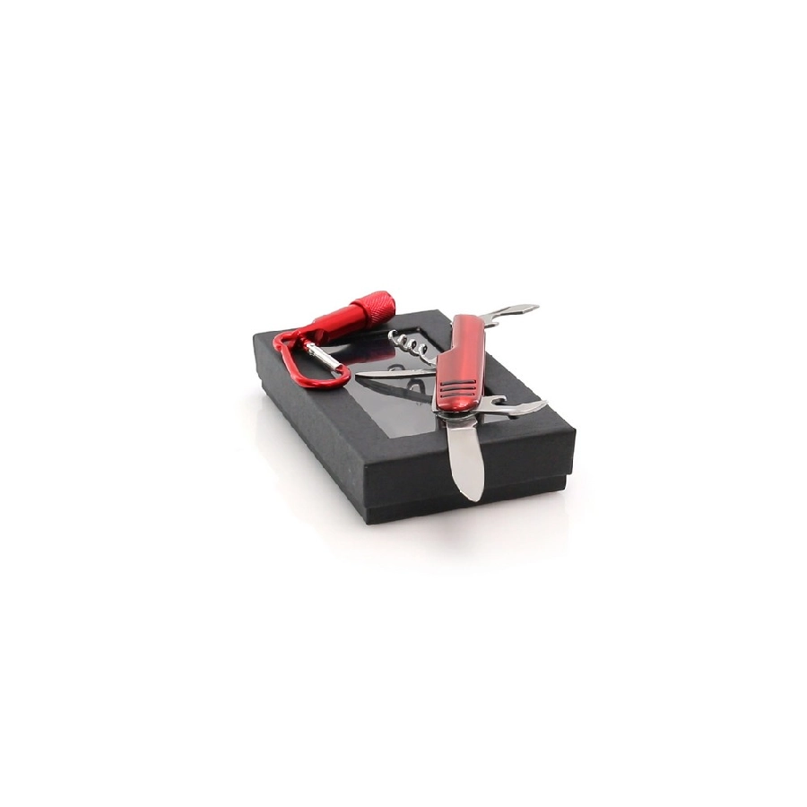Zestaw narzędzi, narzędzie wielofunkcyjne, scyzoryk (7 el.), latarka 1 LED z karabińczykiem V7710-05 czerwony