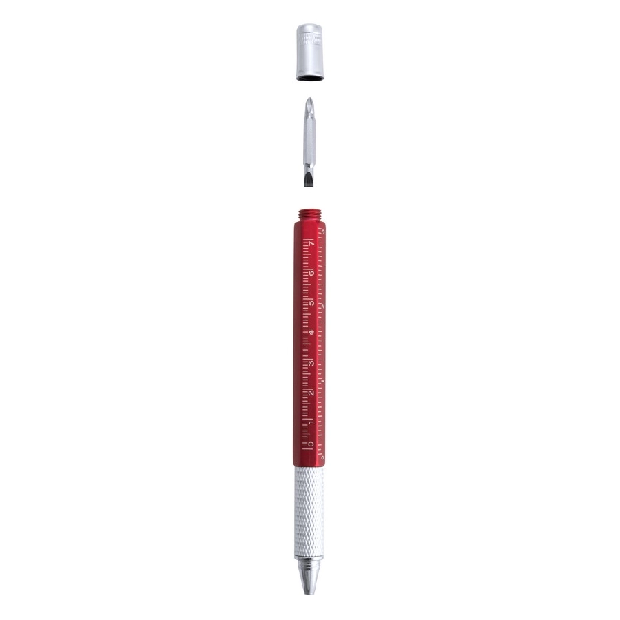 Długopis wielofunkcyjny, linijka, poziomica, śrubokręt V7799-05 czerwony
