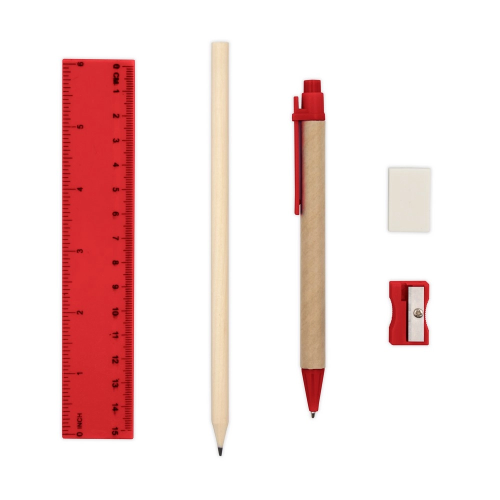 Zestaw szkolny, piórnik, ołówek, długopis, linijka, gumka i temperówka | Tobias V7869-05 czerwony