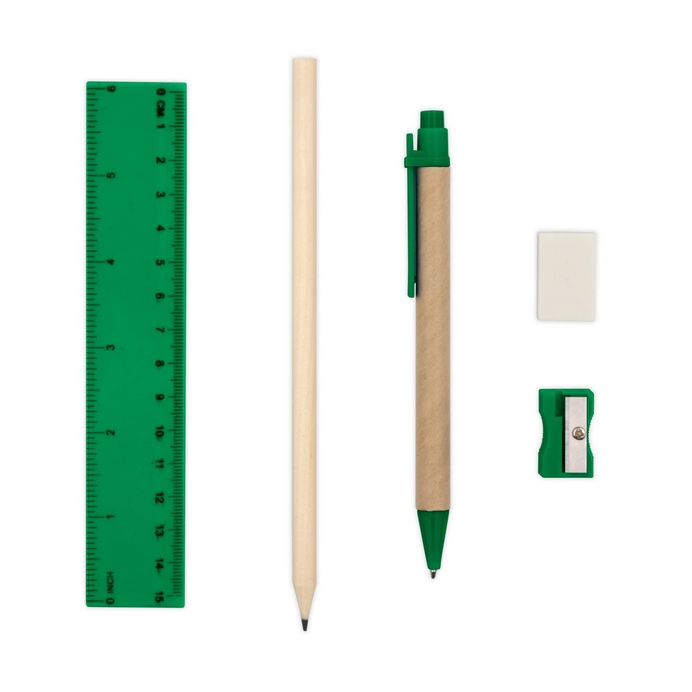Zestaw szkolny, piórnik, ołówek, długopis, linijka, gumka i temperówka | Tobias V7869-06 zielony