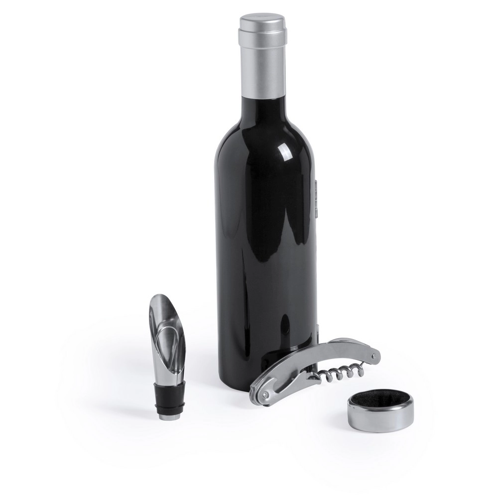 Zestaw do wina, nóż kelnerski, pierścień na butelkę, nalewak V7970-03 czarny