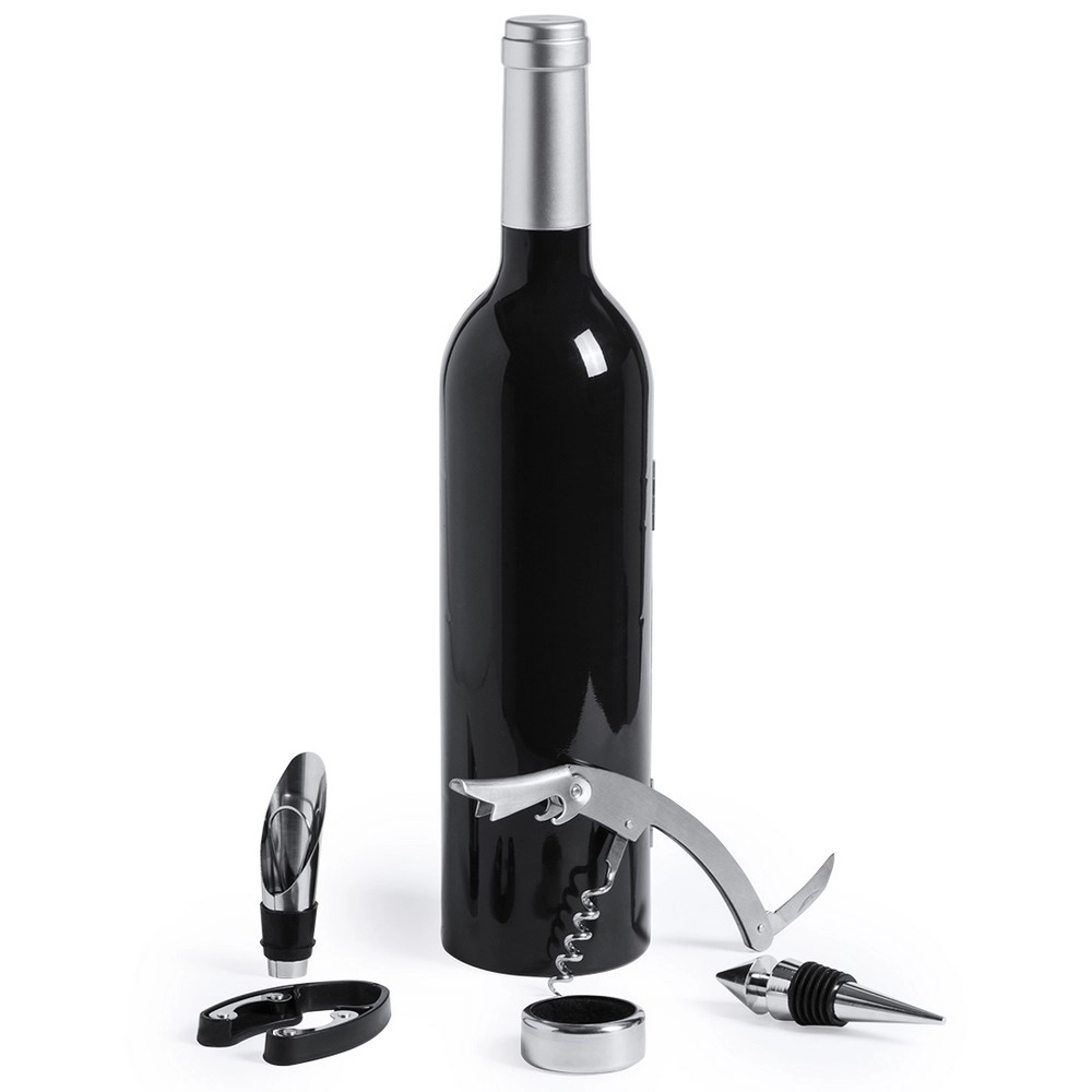 Zestaw do wina, nóż kelnerski, pierścień na butelkę, zatyczka, przecinak do folii, nalewak V7971-03 czarny
