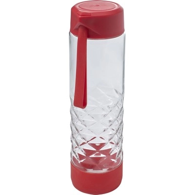 Szklana butelka 590 ml, pasek na rękę V9873-05 czerwony
