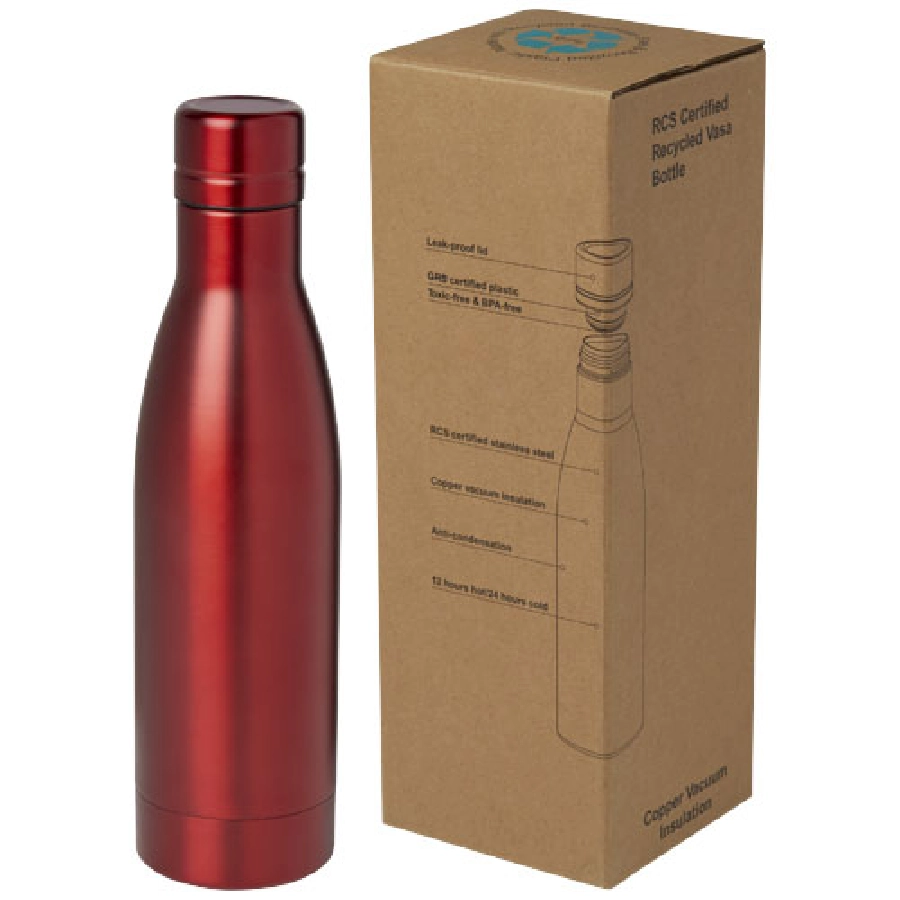 Vasa butelka ze stali nierdzwenej z recyklingu z miedzianą izolacją próżniową o pojemności 500 ml posiadająca certyfikat RCS PFC-10073621