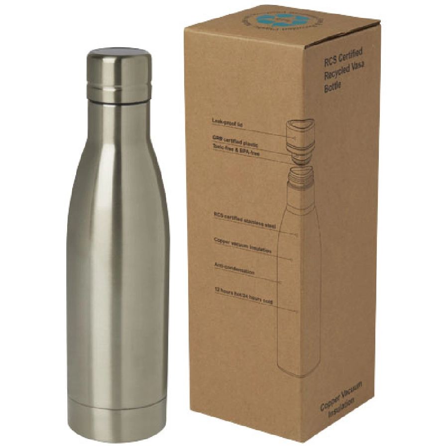 Vasa butelka ze stali nierdzwenej z recyklingu z miedzianą izolacją próżniową o pojemności 500 ml posiadająca certyfikat RCS PFC-10073682