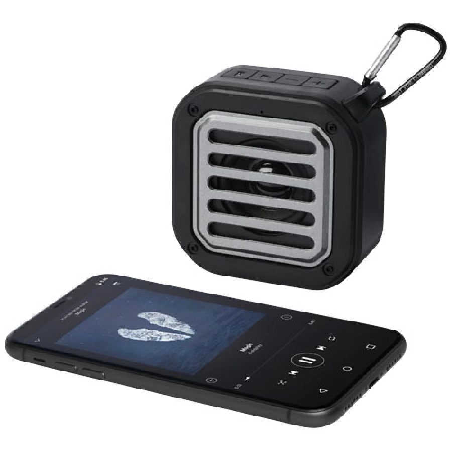 Solo plastikowy głośnik solarny Bluetooth® IPX5 o mocy 3 W z karabińczykiem wykonany z tworzywa pochodzącego z recyklingu z c PFC-12434790