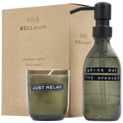 Wellmark Discovery dozownik mydła do rąk o pojemności 200 ml i zestaw świec zapachowych 150 g o zapachu ciemnego bursztynu PFC-12631164