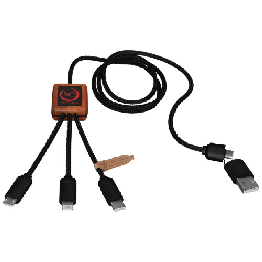 SCX.design C38 kabel do ładowania z podświetlanym logo 5-w-1 rPET i z kwadratową drewnianą obudową PFC-2PX07221