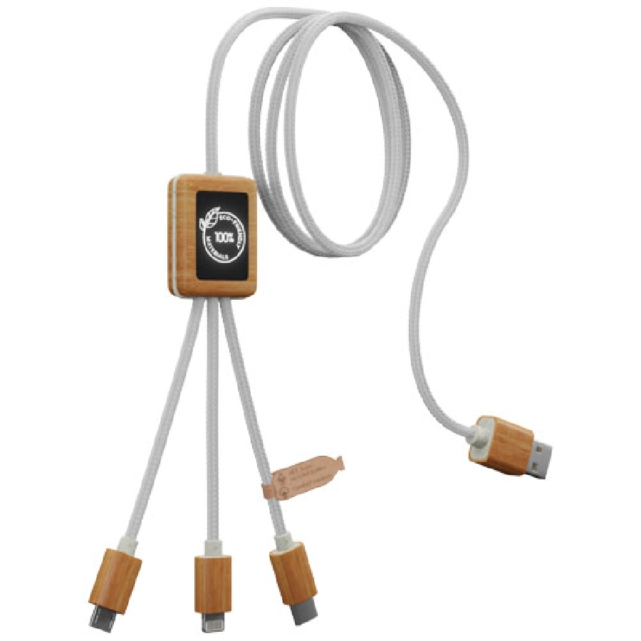 Kabel do ładowania SCX.design C39 z podświetlanym logo 3-w-1 z plastiku PET z recyklingu i z kwadratową drewnianą obudową PFC-2PX10801